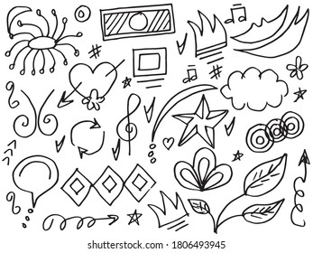 Abstract arrows, ribbons, hearts, stars, crowns and other elements in a hand drawn style for concept designs. Scribble illustration. Vector illustration.