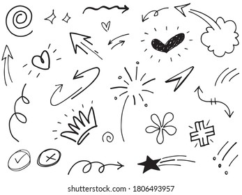 Abstract arrows, ribbons, hearts, stars, crowns and other elements in a hand drawn style for concept designs. Scribble illustration. Vector illustration.