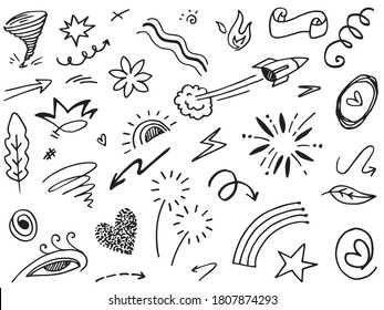 Abstract arrows, ribbons, hearts, stars, crowns and other elements in a hand drawn style for concept designs. Scribble illustration. Vector illustration.