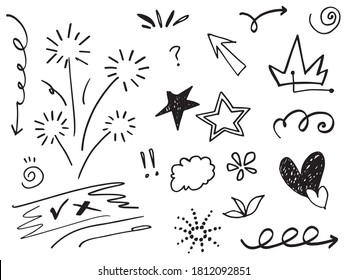 Abstract arrows, ribbons, hearts, stars, crowns and other elements in a hand drawn style for concept designs. Scribble illustration. Vector illustration.