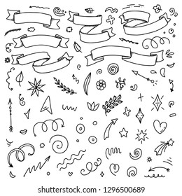 Abstract arrows, ribbons and other elements in hand drawn style for concept design. Doodle illustration. Vector template for decoration