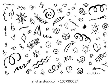 Abstract arrows, ribbons and other elements in hand drawn style for concept design. Doodle illustration. Vector template for decoration