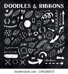 Abstract arrows, ribbons and other elements in hand drawn style for concept design. Doodle illustration. Vector template for decoration