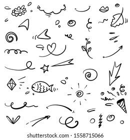 Abstract arrows, ribbons and other elements in hand drawn style for concept design. Doodle illustration. Vector template for decoration with line art style vector