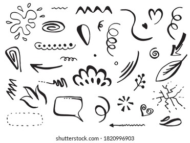 Abstract arrows, ribbons and other elements in hand drawn style for concept design. Doodle illustration. Vector template for decoration