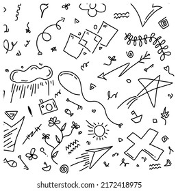 Abstract arrows, ribbons and other elements in hand drawn style for concept design. Doodle illustration. Hand drawn set doodle elements for concept design isolated on white background