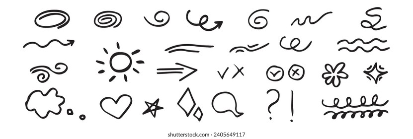 Flechas de resumen, cintas y otros elementos hechos a mano. Ilustración del doodle. Vector.