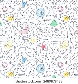 Abstract arrows and shapes seamless pattern, cute modern outline simple style, school, math, business, logistics, personal diary