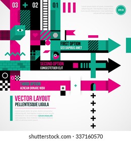 Abstract arrows in weird geometric style with abstract shapes and flashy colors. EPS10 vector template