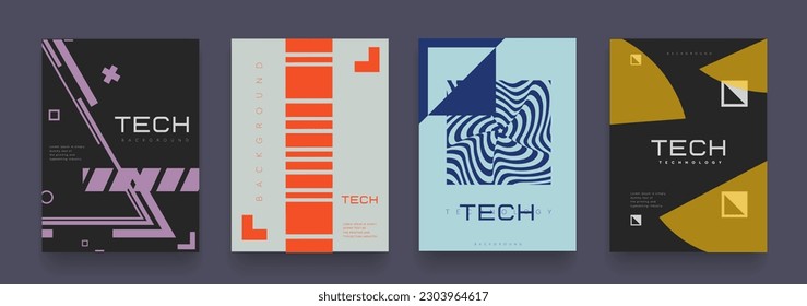 Resumen de la tecnología Art 3D en las líneas de forma, franjas, cuadrado, círculo. Tecnología Retro Patrón para presentación, Afiche, Revista, Folleto, Cartel. Ilustración vectorial.