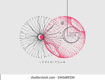 Abstract art. Array with dynamic emitted particles. Science or technology background. 3d vector composition for cover, poster, flyer or banner.