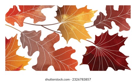 Abstract art autumn background vector. Botanic fall season hand drawn pattern design with maple, oak leaves. Simple contemporary style illustrated Design for fabric, print, cover, banner, wallpaper.