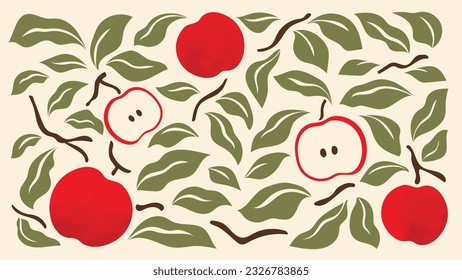 Resumen del vector de fondo de arte otoñal. Diseño de patrones de estampado manual de temporada de otoño botánico con manzanas, ramas. Estilo contemporáneo simple ilustrado Diseño para tela, impresión, cubierta, banner, papel pintado.