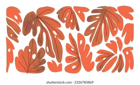 Abstract art autumn background vector. Botanic fall season hand drawn pattern design with monstera leaves. Simple contemporary style illustrated Design for fabric, print, cover, banner, wallpaper.