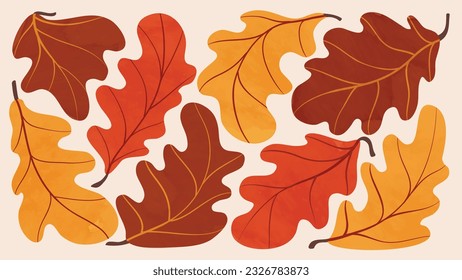 Abstract art autumn background vector. Botanic fall season hand drawn pattern design with oak leaves. Simple contemporary style illustrated Design for fabric, print, cover, banner, wallpaper.