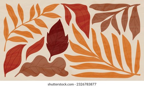 Abstract art autumn background vector. Botanic fall season hand drawn pattern design with oak leaves, branch. Simple contemporary style illustrated Design for fabric, print, cover, banner, wallpaper.