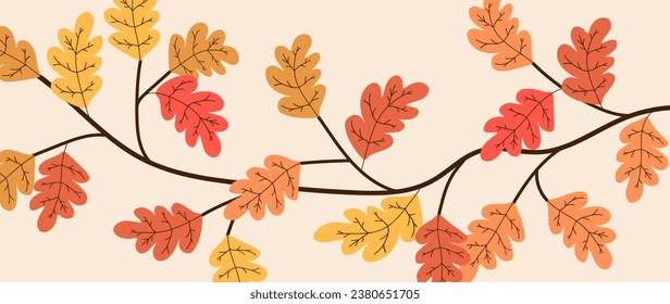Abstract art autumn vector background. Botanical autumn season hand drawn with oak leaves. and branches. Modern style for fabric, print, cover, banner, wallpaper.	