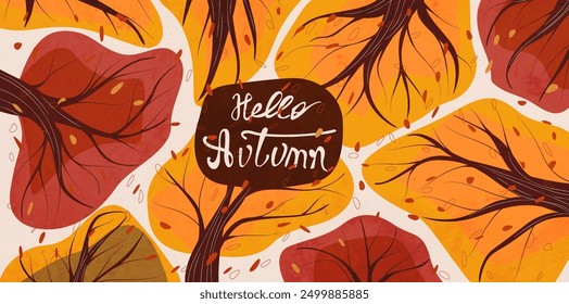 Abstract art background with autumn forest, leaves, trees, falling leaves, in modern style. Vector autumn plant pattern for design of greetings, postcard, banner, poster, packaging.