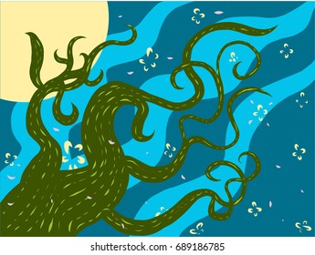 Abstract art background of beanstalk under the full moon night.