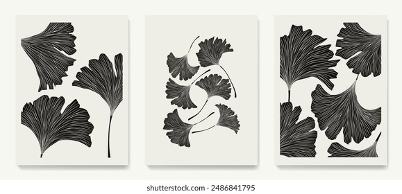 Abstract art background with black ginkgo leaves with hand-drawn elements in line style. Botanical pattern in a set of posters, covers, invitations, wallpapers, for textiles, print, interior design.