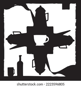 Resumen de fondo artístico con silueta negra de tetera y taza. Ilustración vectorial, fiesta de té