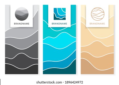 Abstract art background blue aqua sea waves, ocean water and beige desert sand on beach with barchan and dunes.Template texture wave lines pattern.Frames for text with logo.Vector cover,textile print.