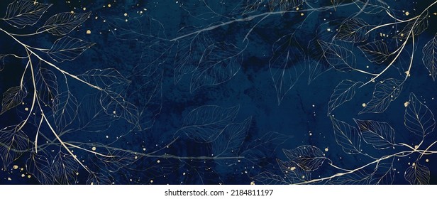 Abstract art background in blue color with golden tropical leaves. Botanical banner for wallpaper design, decor, wall, packaging, interior design