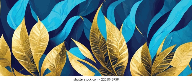 abstract art background in blue color with golden tropic leaves