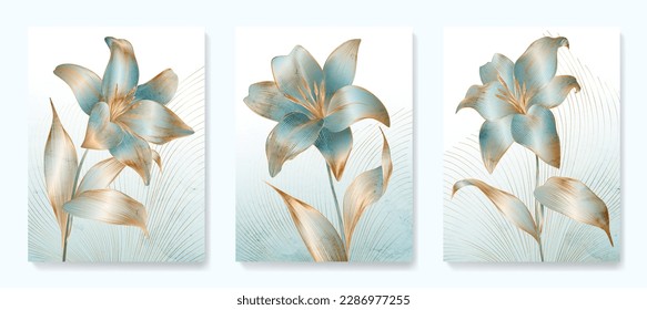 Abstract art background with blue lily flowers with golden line elements with watercolor texture. Botanical flower poster set for decor, print, textile, interior design, wallpaper