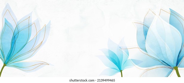 Abstract art background with blue magnolia flowers with golden lines. Botanical banner with watercolor paints with transparency effect for design, decoration, poster, invitations