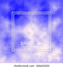 Abstract art background. Blue, white sky clouds with frame for the text. Colorful digital artwork in mosaic style