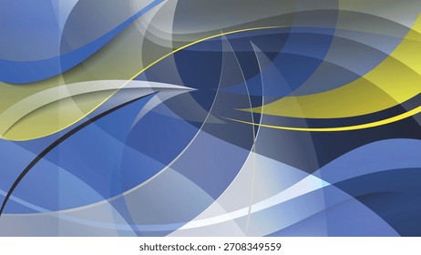 Abstrakter Kunsthintergrund in blauen und gelben Farben. Schöne Zusammensetzung von überlappenden glatten transluzenten Formen, gewellte Streifen. Vorlage für Ihre Projekte. Vektor.