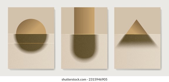 Abstract art background with blurry brown geometric shapes behind glass with grain texture. Vector set of posters for decor, print, textile, wallpaper, banner, interior design.