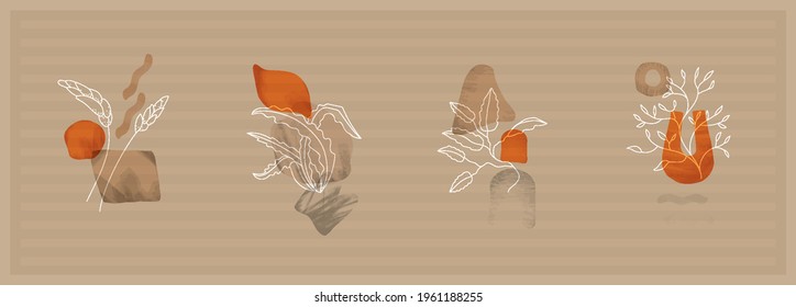 Abstract art background with botanical leaf elements vector. Hand painting brush texture decoration with modern art abstract poster design for wall decoration.