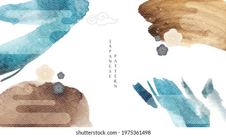 Abstract art background with brush stroke decoration vector. Cherry blossom flower with cloud elements. Japanese wave pattern.