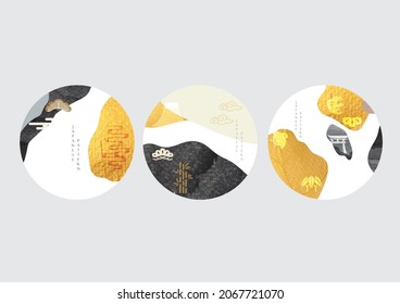 Resumen de fondo de arte con vector de elemento de trazo de pincel. Textura en negro y oro con icono y logo tradicionales japoneses en estilo vintage. Diseño de carteles y tarjetas de invitación.