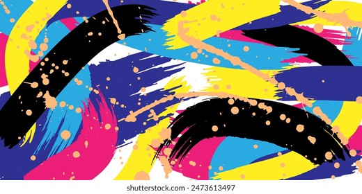 Abstract art background, colorful paint brush pattern, doodle elements of brushstroke, splash. Vector illustration