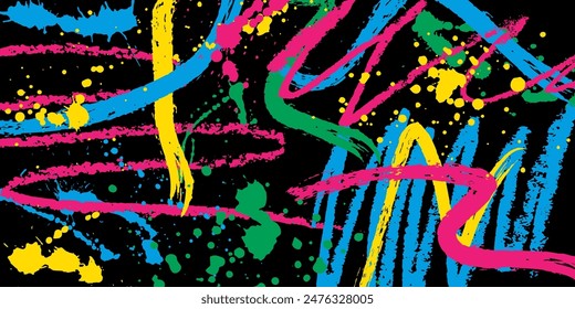 Abstract art background, colorful paint brush pattern, doodle elements of brushstroke, splash. Vector illustration