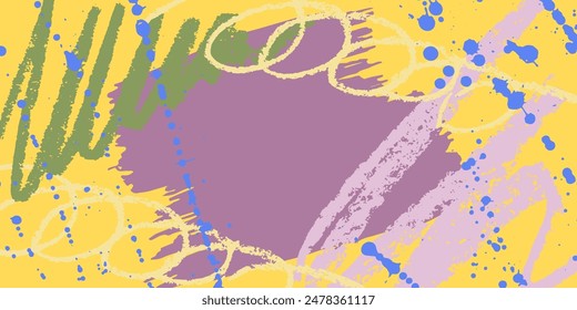 Abstract art background, colorful paint brush pattern, doodle elements of brushstroke, splash, chalk drawing. Vector illustration