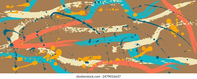Abstract art background, colorful paint brush pattern, doodle elements of brushstroke, splash, chalk drawing. Vector illustration