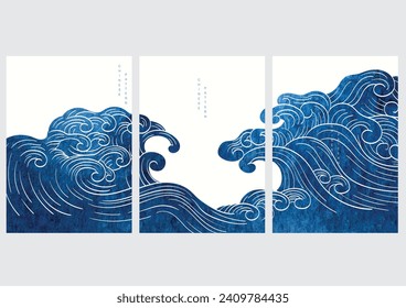 Resumen de fondo de arte con vector de plantilla de arte contemporáneo. Elementos de superficie acuática con decoración de tonos azules japoneses ondulados. Objeto oceánico dibujado a mano