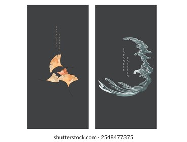 Abstract art background with contemporary art template vector. Water surface and ginkgo lesf elements with Japanese pattern decoration. Hand drawn ocean object with card design.