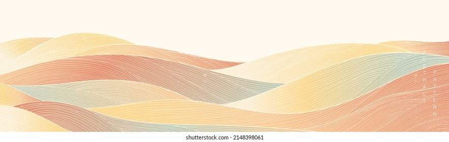  Abstract art background with curve pattern vector. Mountain forest banner design in vintage style. Line wave pattern in luxury style.