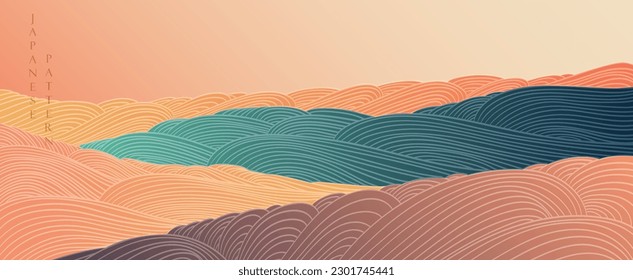 Abstract art background with curve pattern vector. Mountain forest banner design in vintage style. Colorful hand drawn line wave pattern in luxury style. 
