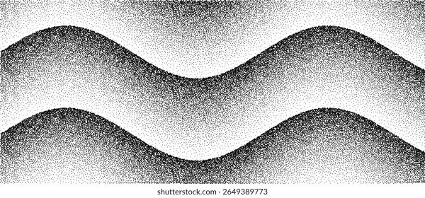 Fondo de arte Abstractas con puntos. Ondas con efecto punteado con ruido caótico. Puntos negros sobre fondo blanco.