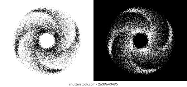 Abstract art background with dotted circle. Stipple effect with chaotic noise in spiral. Black shape on a white background and the same white shape on the black side.