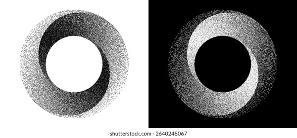 Abstract art background with dotted circle. Stipple effect with chaotic noise in spiral. Black shape on a white background and the same white shape on the black side.