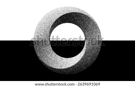 Abstract art background with dotted circle. Stipple effect with chaotic noise in spiral. Day and Night concept. Black shape on a white background and the same white shape on the black side.