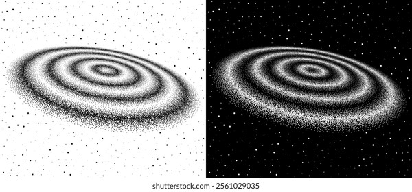 Abstract art background with dotted circles. Stipple effect with chaotic noise. Black shape on a white background and the same white shape on the black side.