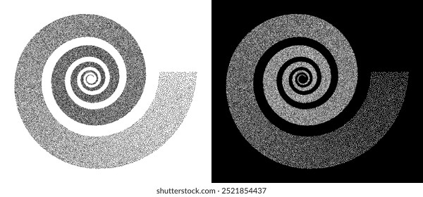 Abstract art background with dotted spiral. Stipple effect with chaotic noise. Black shape on a white background and the same white shape on the black side.